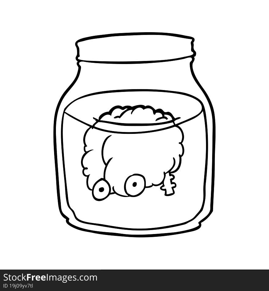 line drawing of a spooky brain floating in jar. line drawing of a spooky brain floating in jar