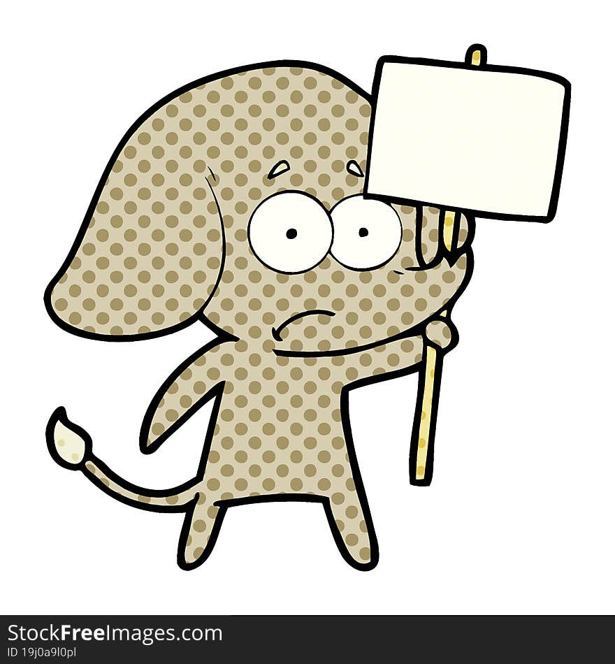 cartoon unsure elephant with protest sign. cartoon unsure elephant with protest sign