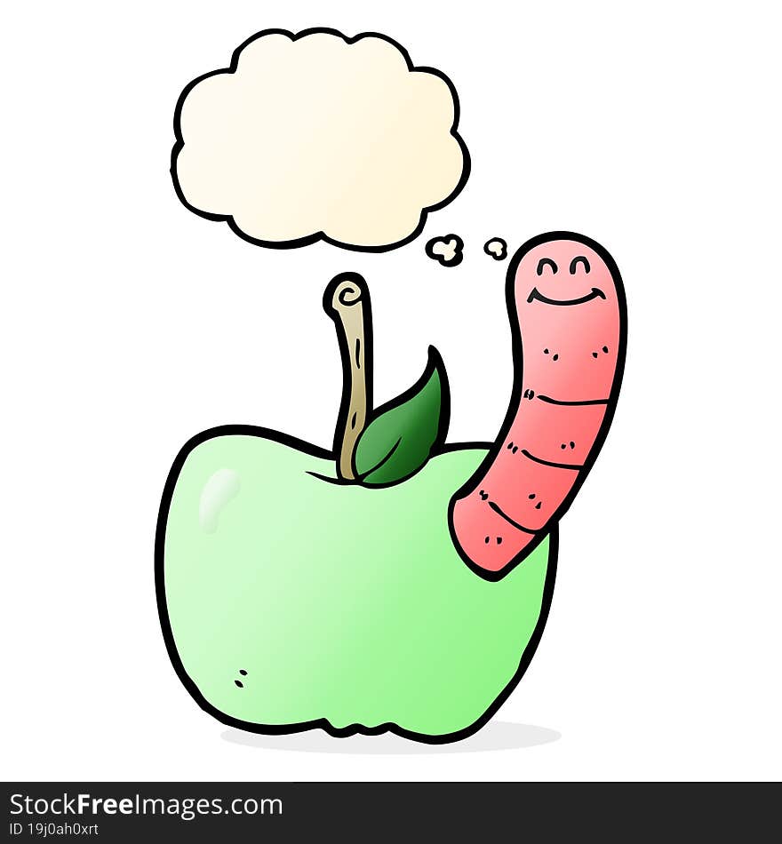 cartoon apple with worm with thought bubble