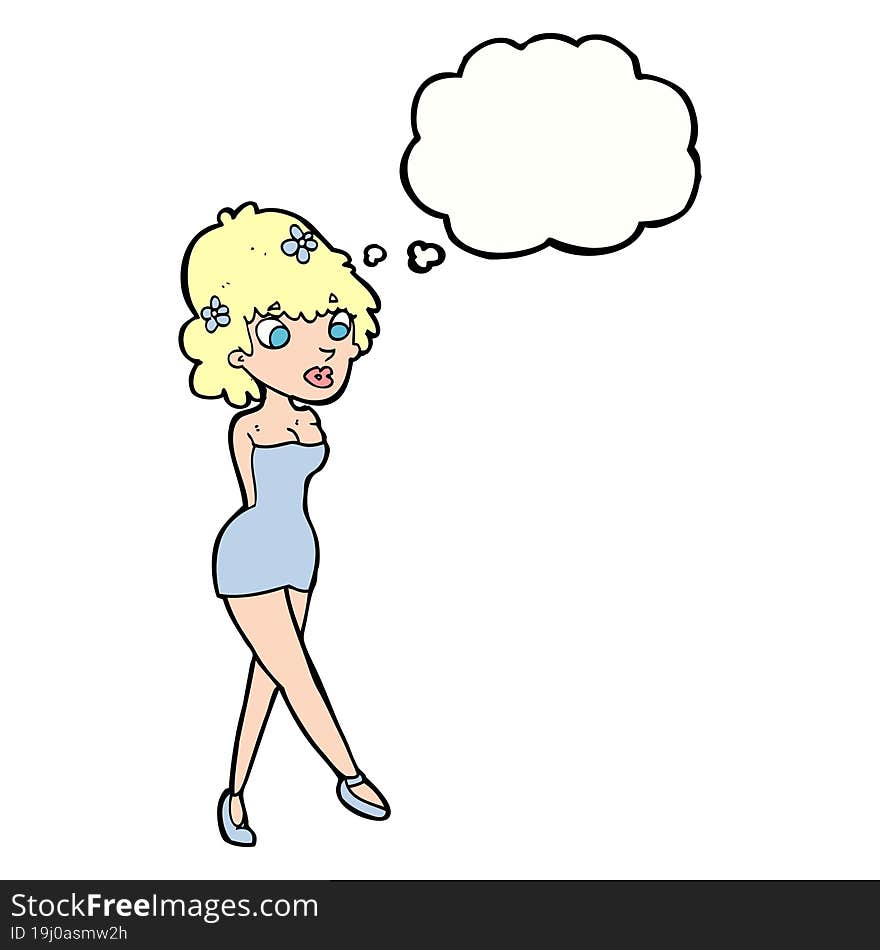 cartoon woman posing in dress with thought bubble