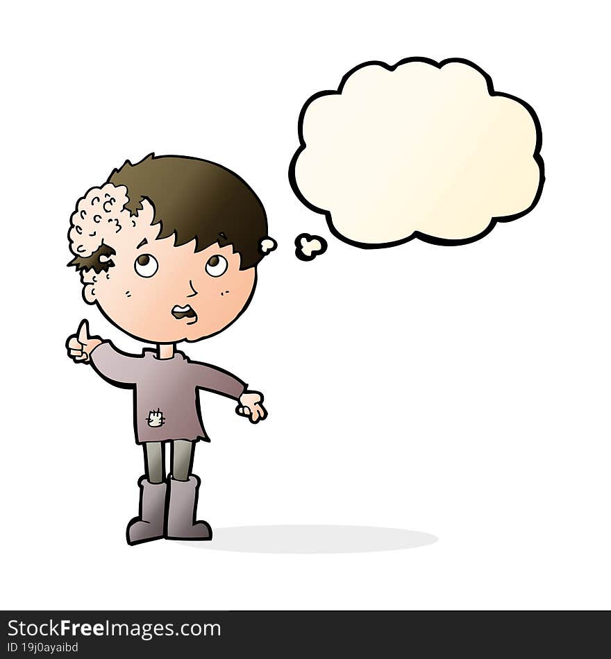 cartoon boy with growth on head with thought bubble