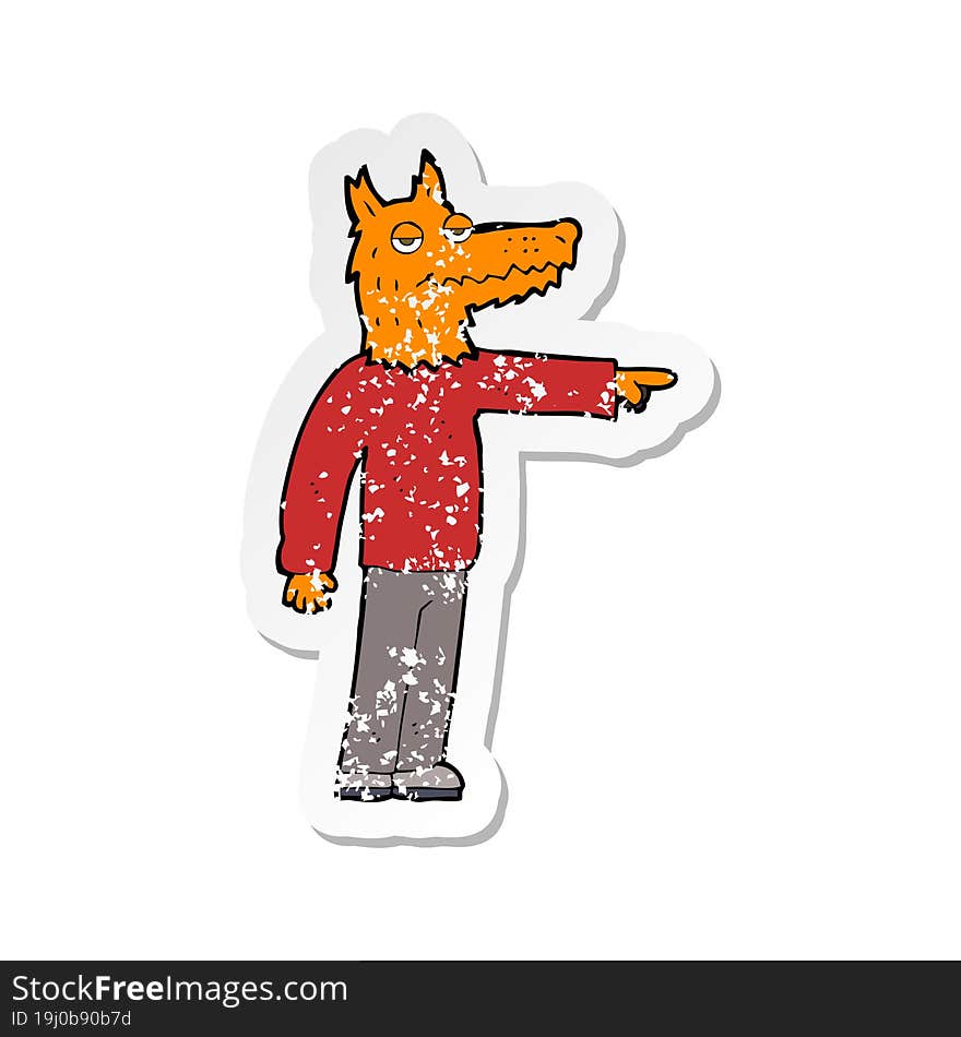 retro distressed sticker of a cartoon fox man pointing