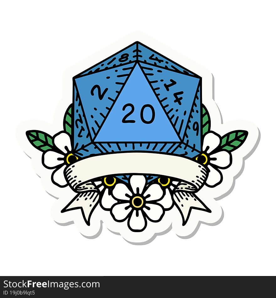 sticker of a natural 20 critical hit D20 dice roll. sticker of a natural 20 critical hit D20 dice roll