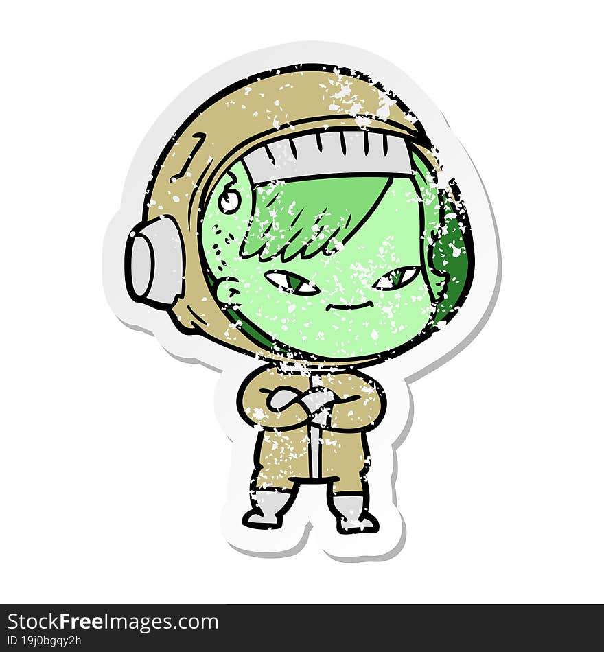 distressed sticker of a cartoon astronaut woman