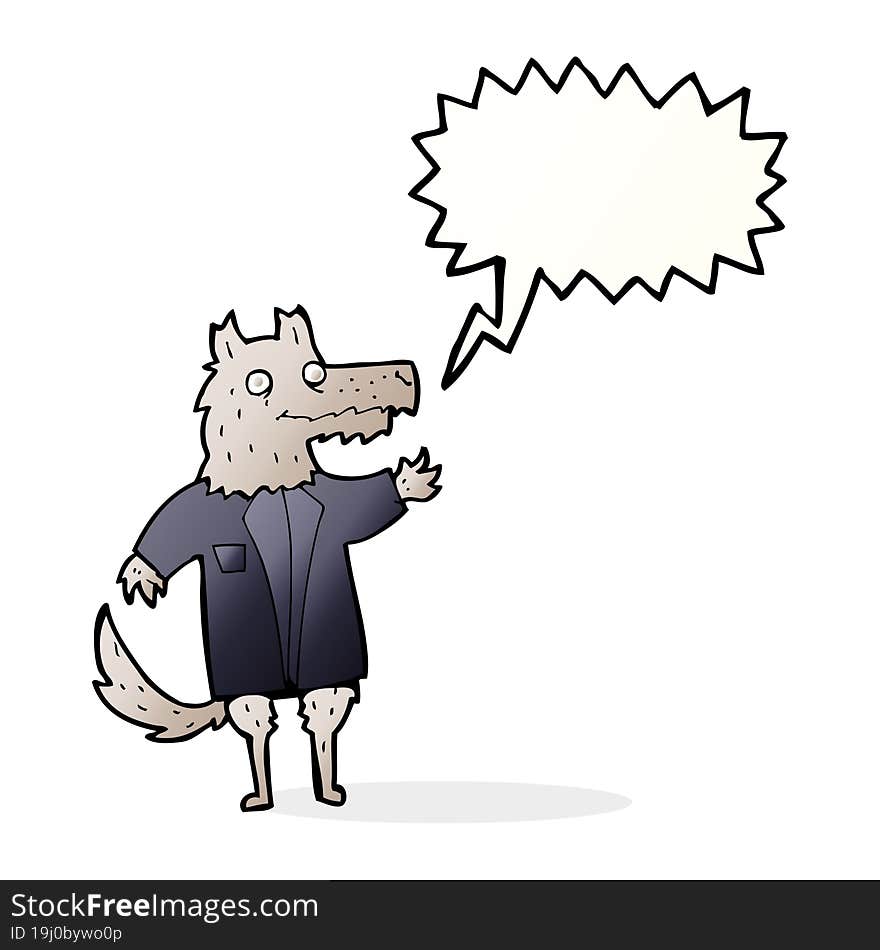 cartoon wolf businessman with speech bubble