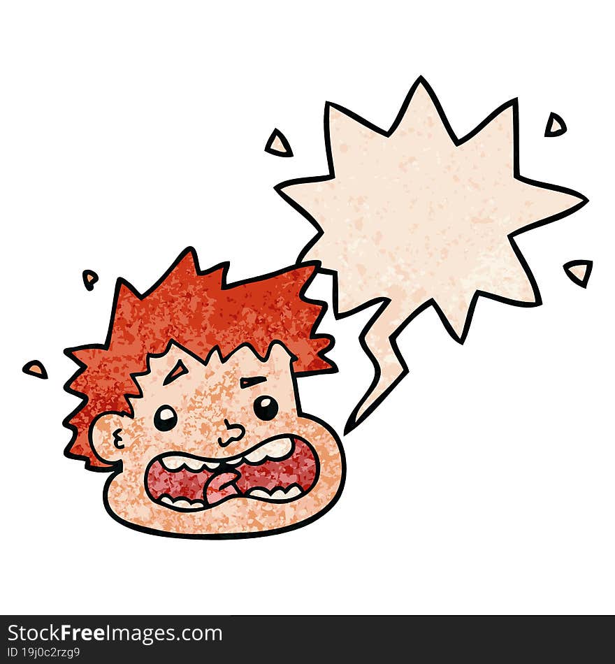 cartoon frightened face with speech bubble in retro texture style