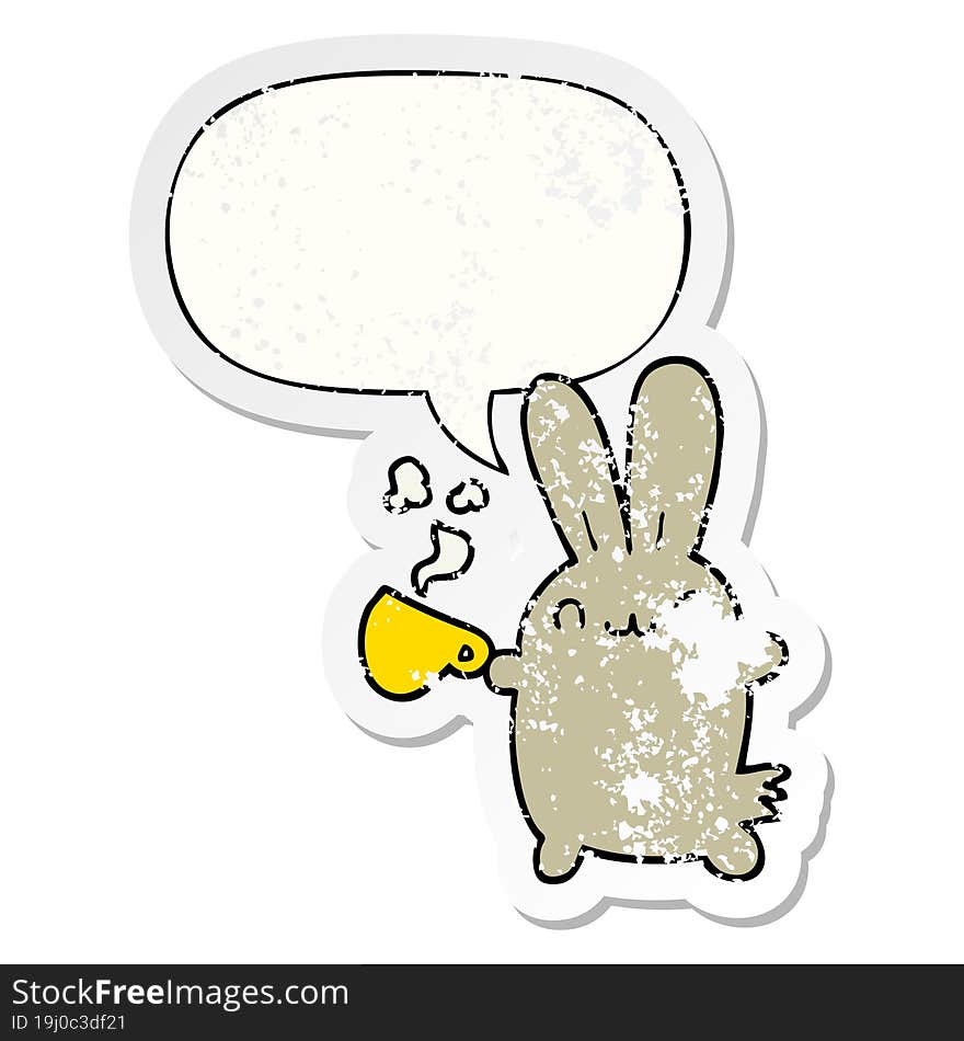 cute cartoon rabbit drinking coffee and speech bubble distressed sticker