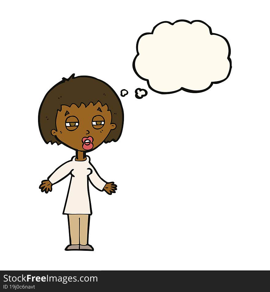 cartoon tired woman with thought bubble