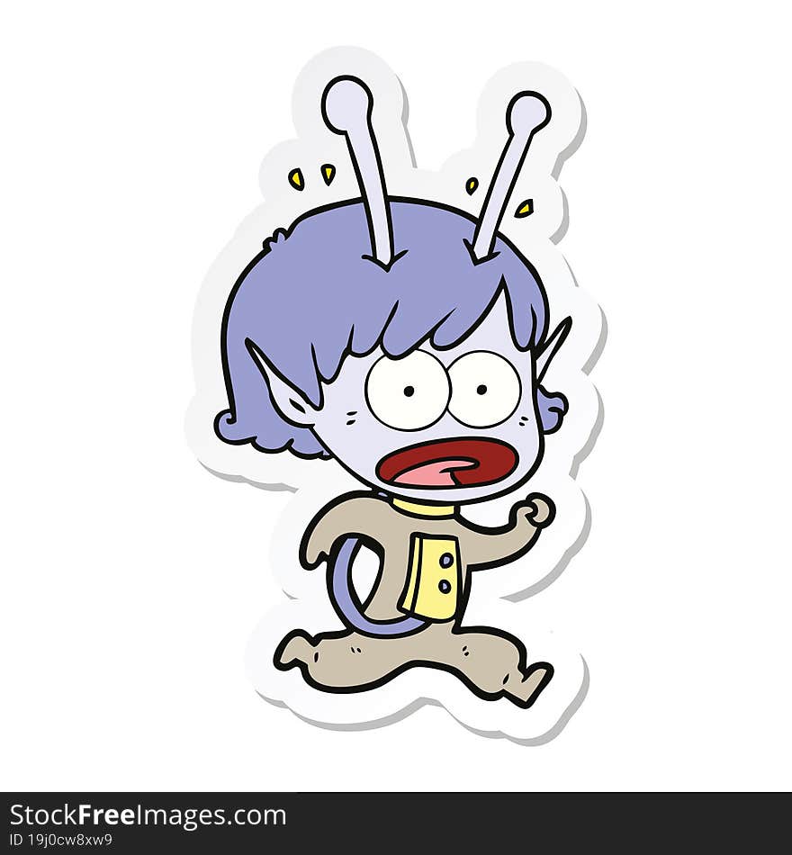 sticker of a cartoon shocked alien girl