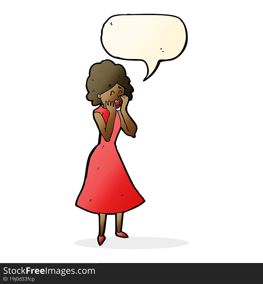 cartoon worried woman with speech bubble