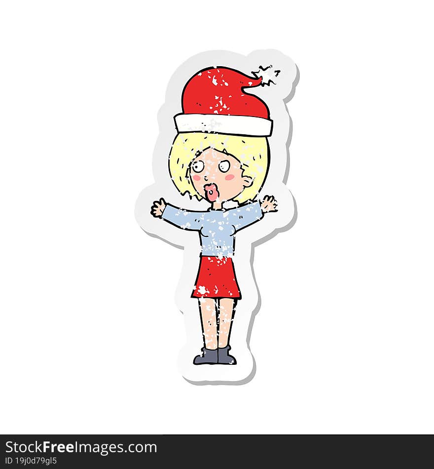 retro distressed sticker of a cartoon woman wearing xmas hat