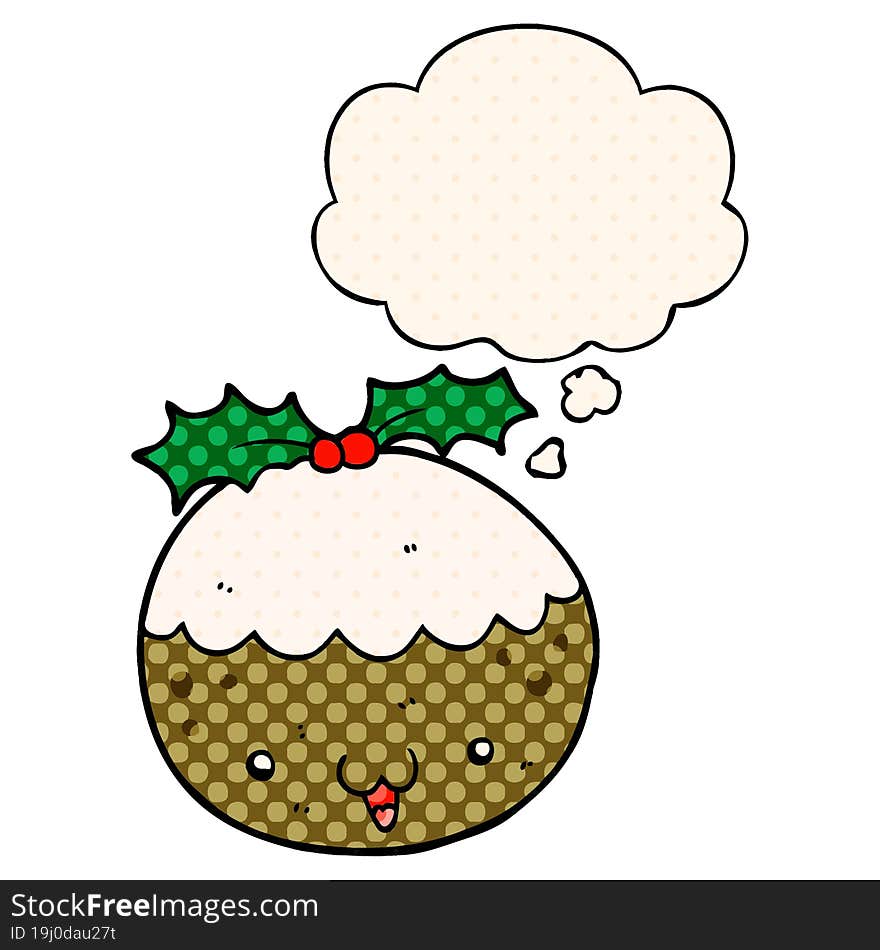 Cute Cartoon Christmas Pudding And Thought Bubble In Comic Book Style