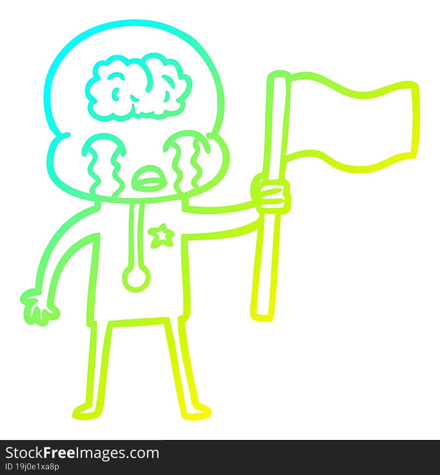 cold gradient line drawing cartoon crying big brain alien waving a flag