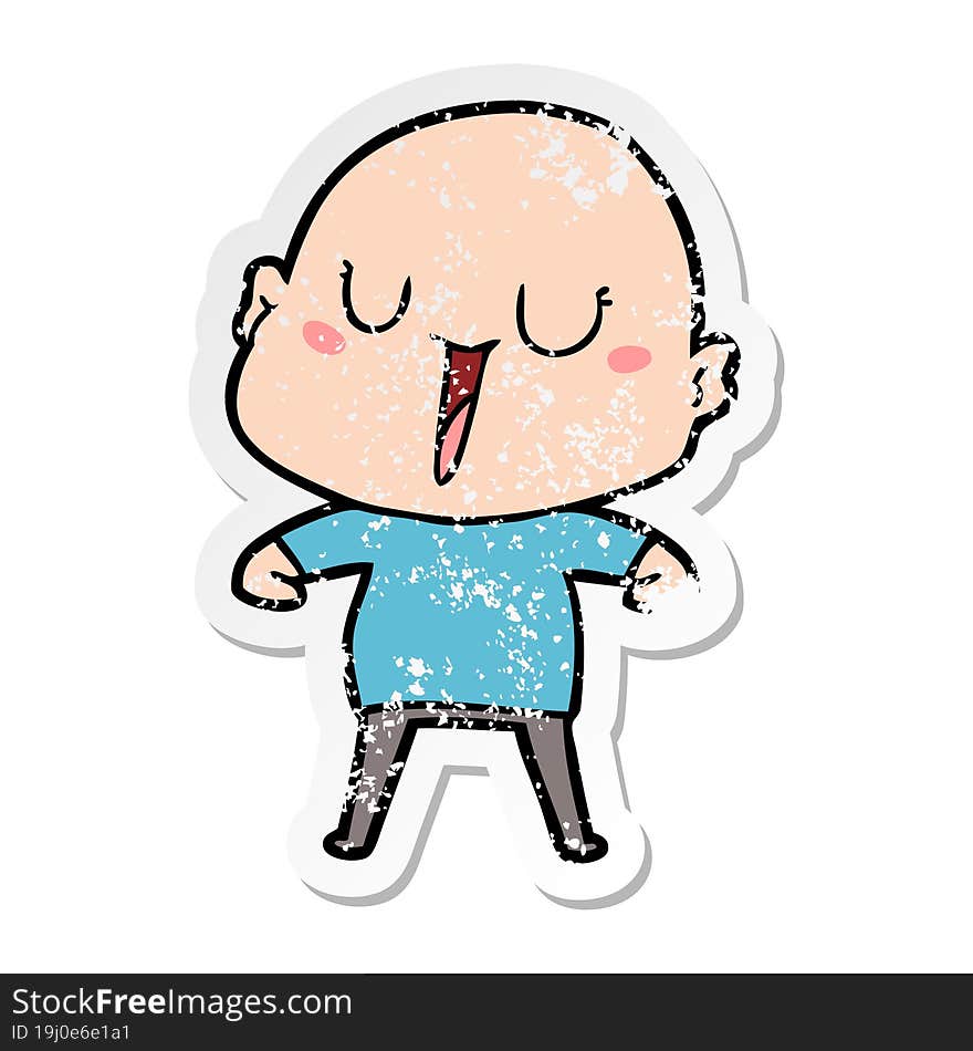 distressed sticker of a happy cartoon bald man