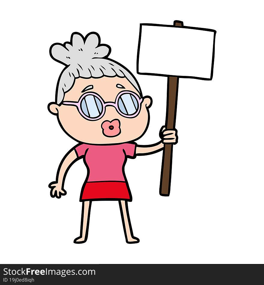 cartoon protester woman wearing spectacles. cartoon protester woman wearing spectacles