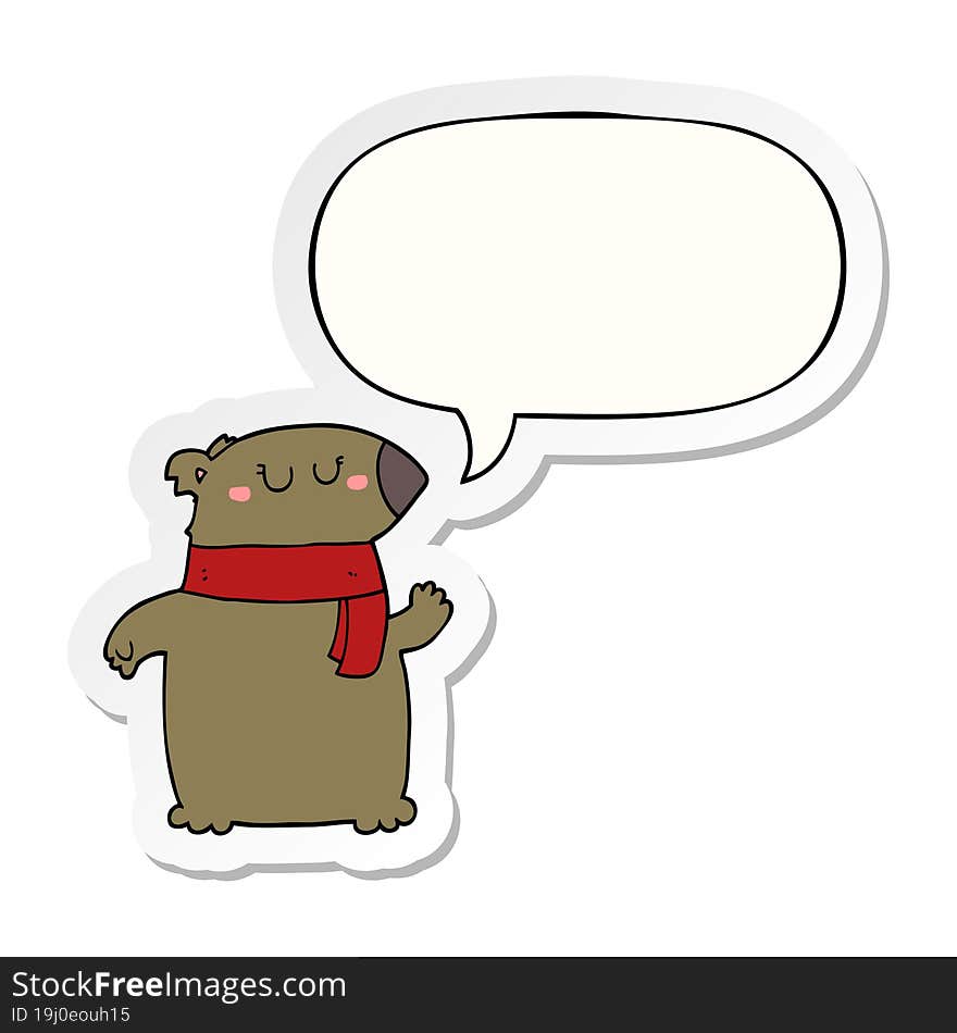 cartoon bear with scarf with speech bubble sticker. cartoon bear with scarf with speech bubble sticker