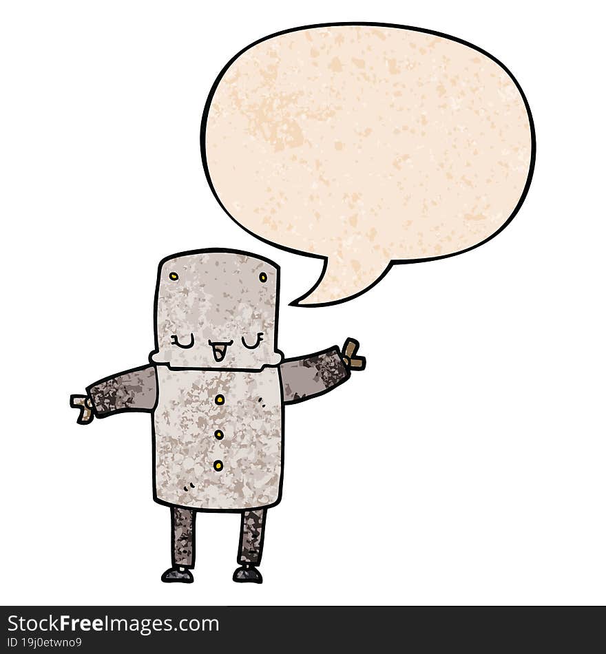 cartoon robot and speech bubble in retro texture style