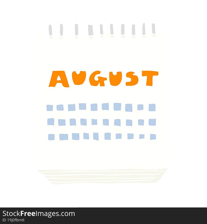 flat color illustration of a cartoon calendar showing month of august