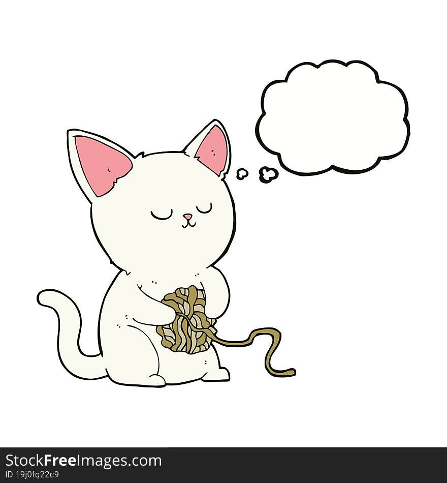 cartoon cat playing with ball of yarn with thought bubble