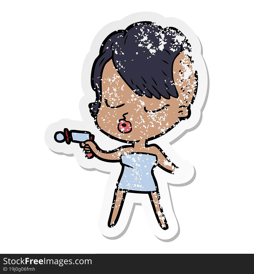 Distressed Sticker Of A Cartoon Pretty Hipster Girl