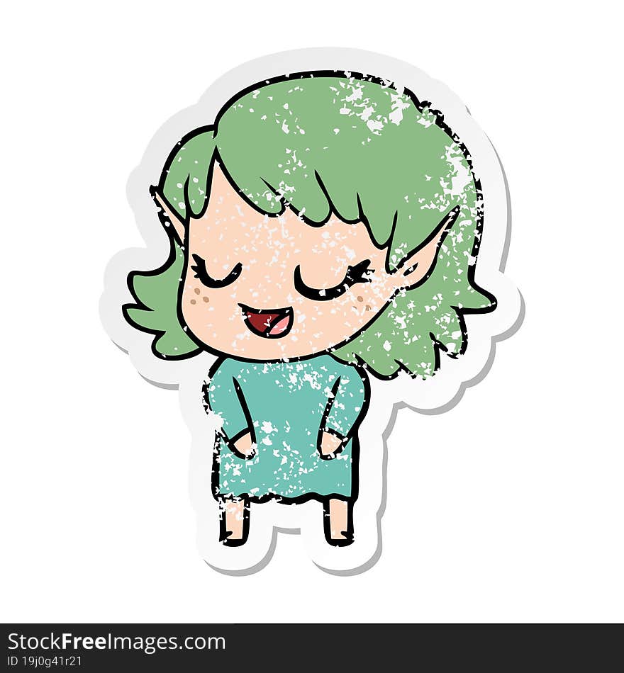 distressed sticker of a happy cartoon elf girl