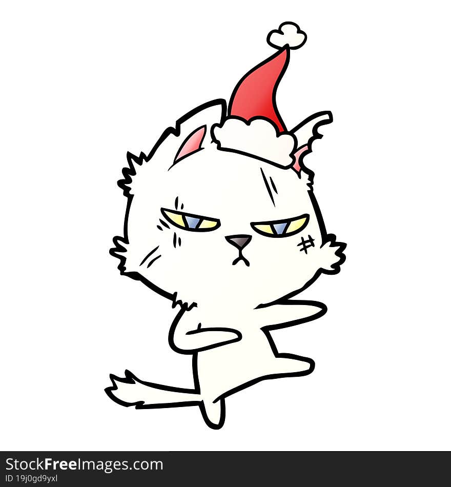 tough gradient cartoon of a cat wearing santa hat