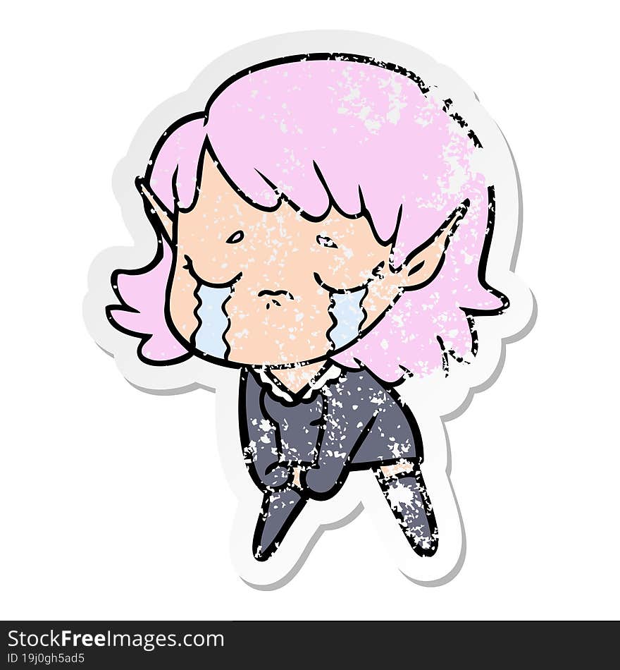 distressed sticker of a cartoon crying elf girl