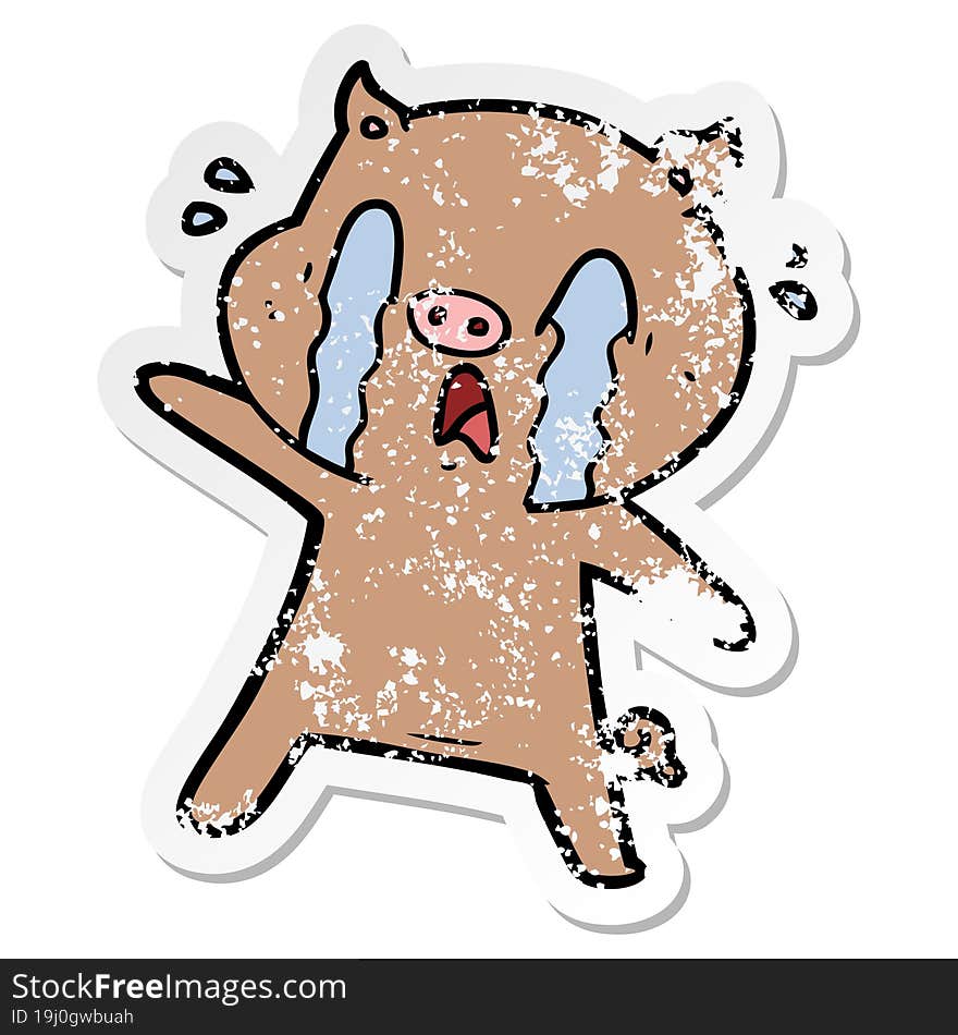 distressed sticker of a crying pig cartoon