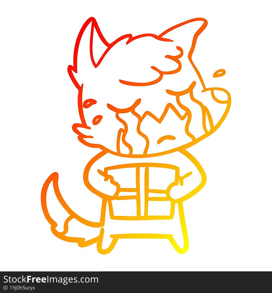 warm gradient line drawing crying fox cartoon with parcel