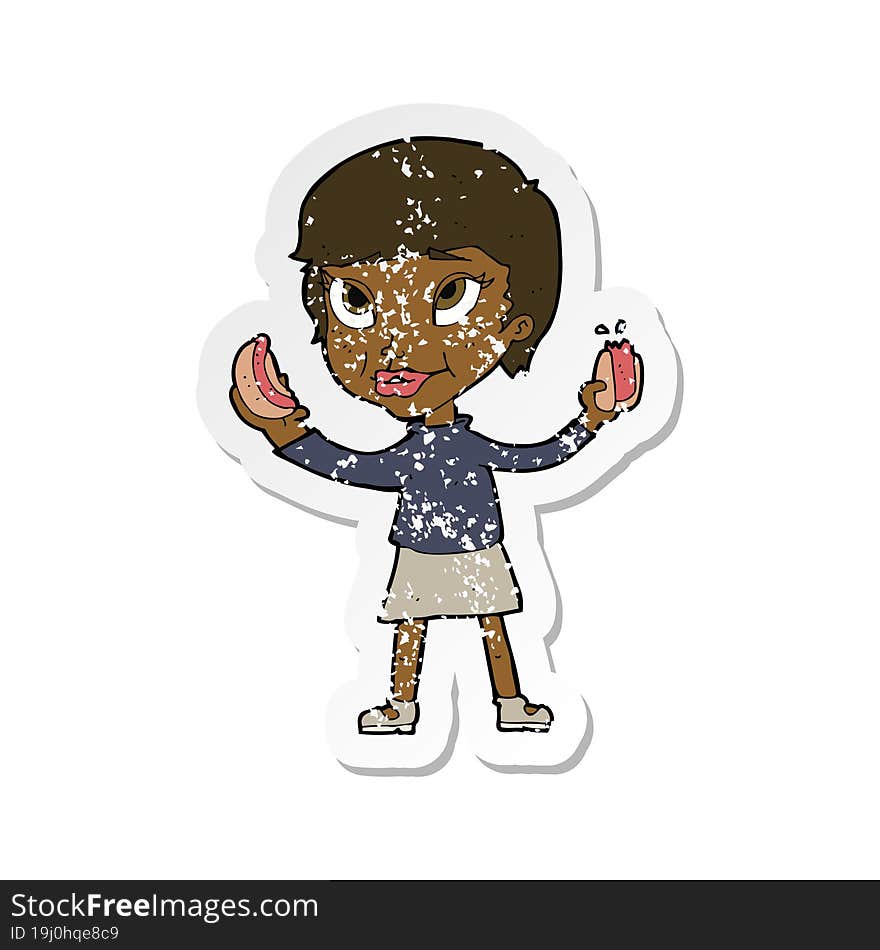 Retro Distressed Sticker Of A Cartoon Woman Eating Hotdogs