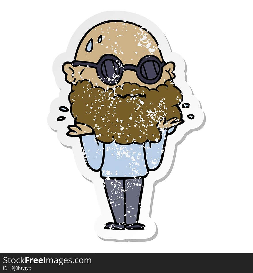 distressed sticker of a cartoon worried man with beard and sunglasses