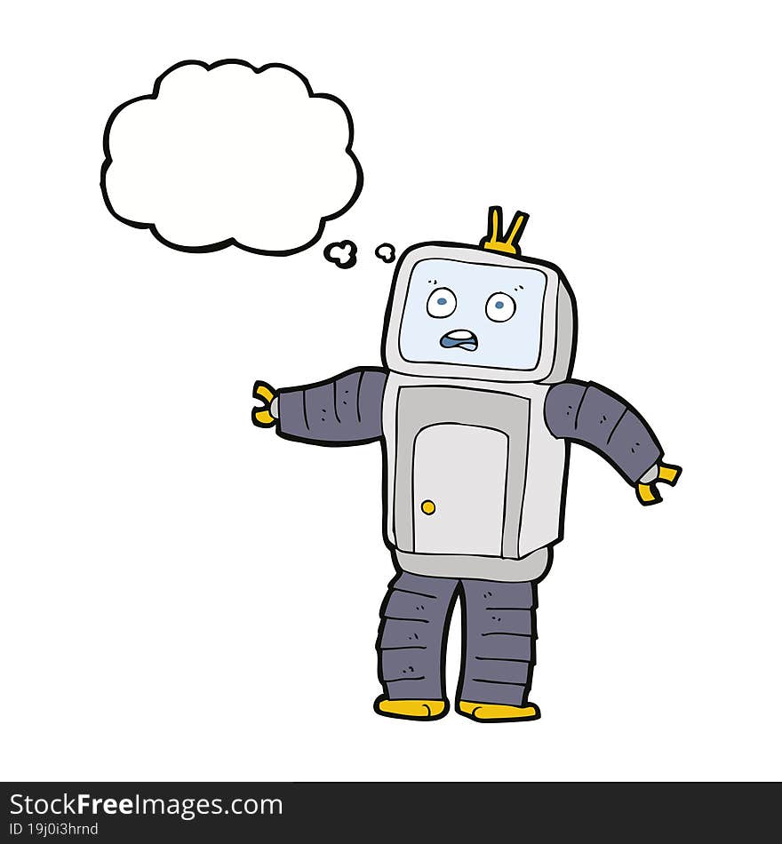 cartoon funny robot with thought bubble