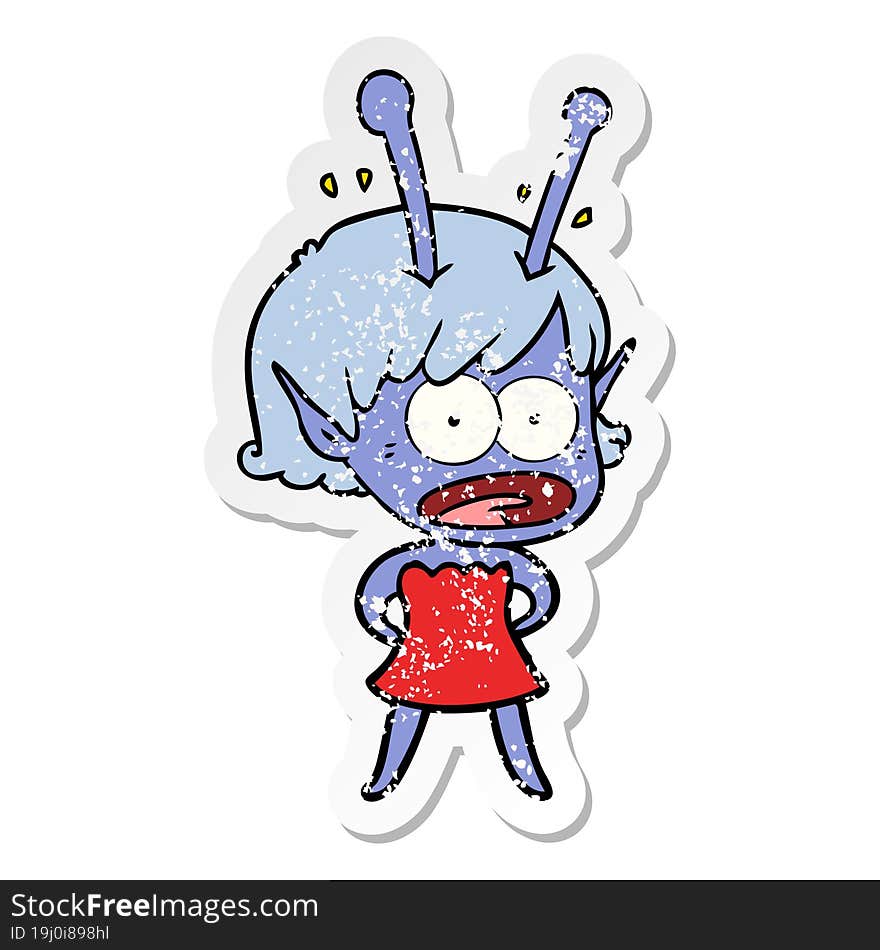 distressed sticker of a cartoon shocked alien girl