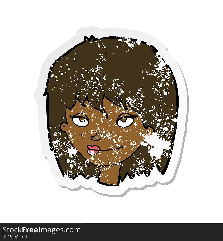 retro distressed sticker of a cartoon smiling woman