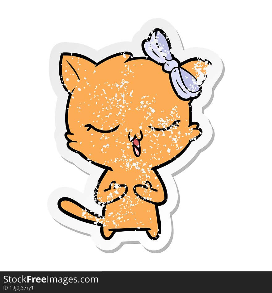 Distressed Sticker Of A Cartoon Cat With Bow On Head