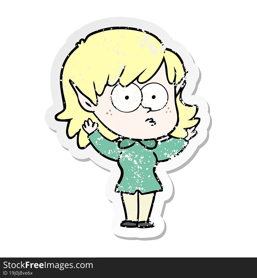 distressed sticker of a cartoon elf girl staring