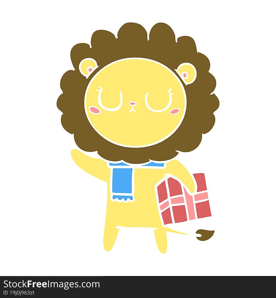 flat color style cartoon lion with christmas present