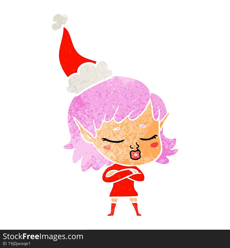 pretty retro cartoon of a elf girl wearing santa hat