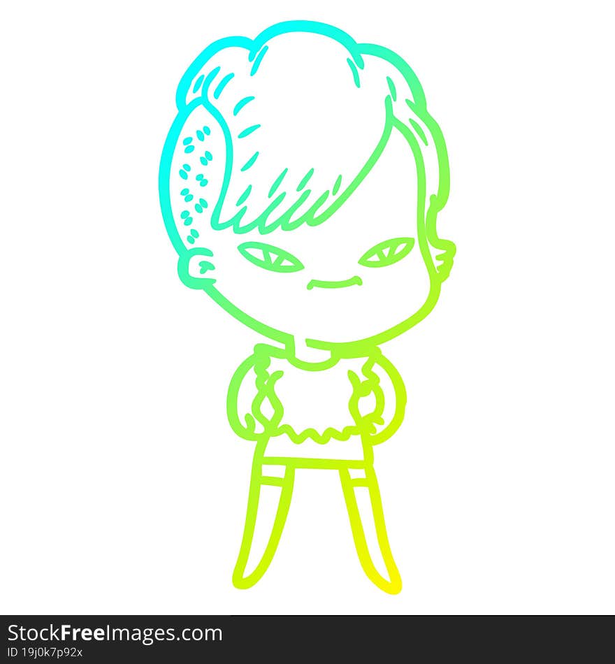 cold gradient line drawing cute cartoon girl with hipster haircut