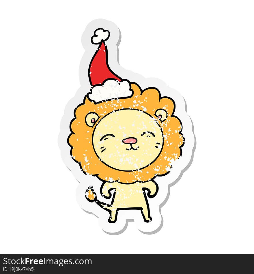 hand drawn distressed sticker cartoon of a lion wearing santa hat