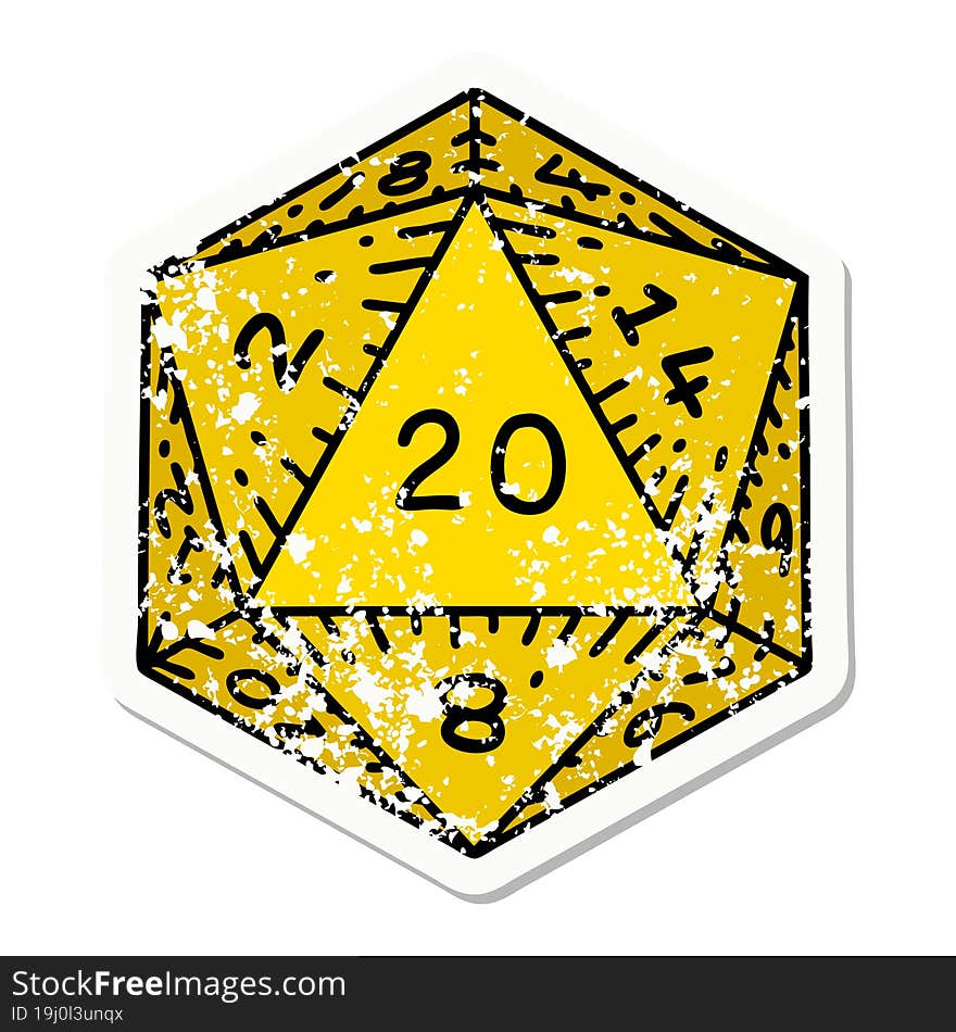 traditional distressed sticker tattoo of a d20 dice