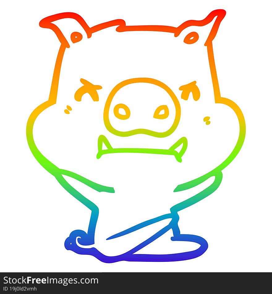 rainbow gradient line drawing of a angry cartoon pig throwing tantrum