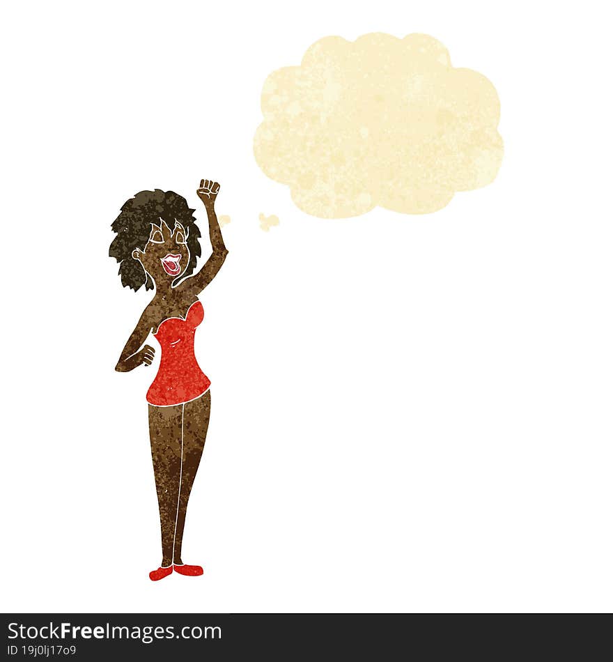 cartoon dancing woman with thought bubble