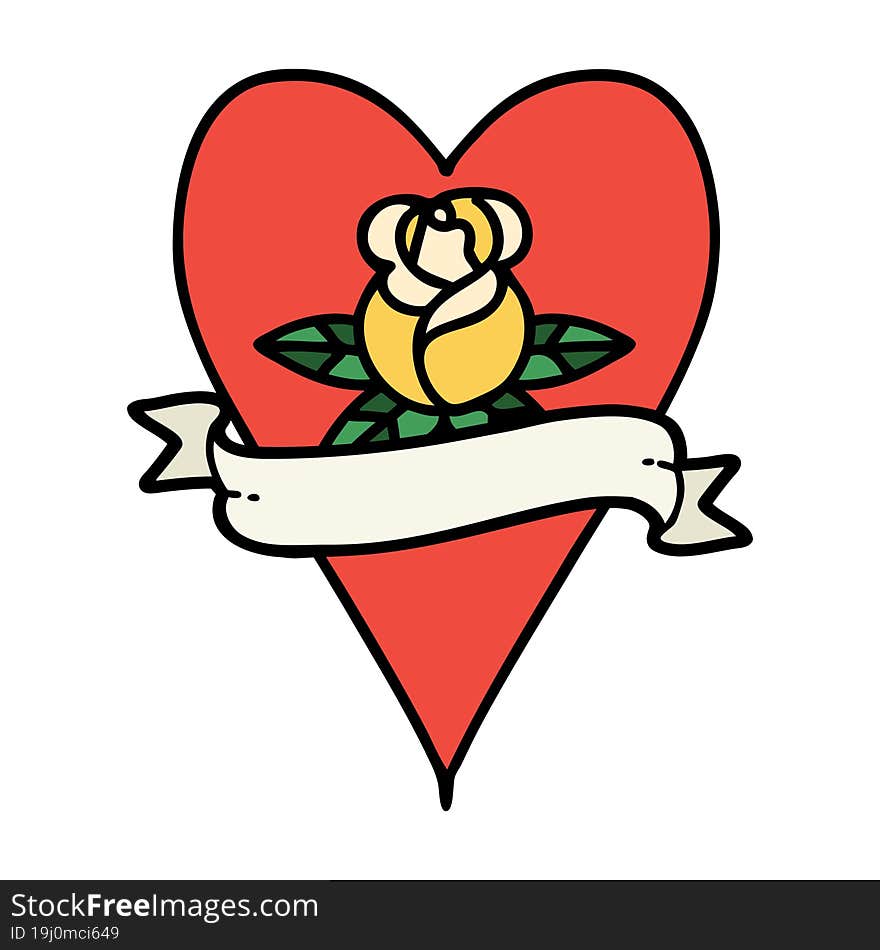 traditional tattoo of a heart rose and banner