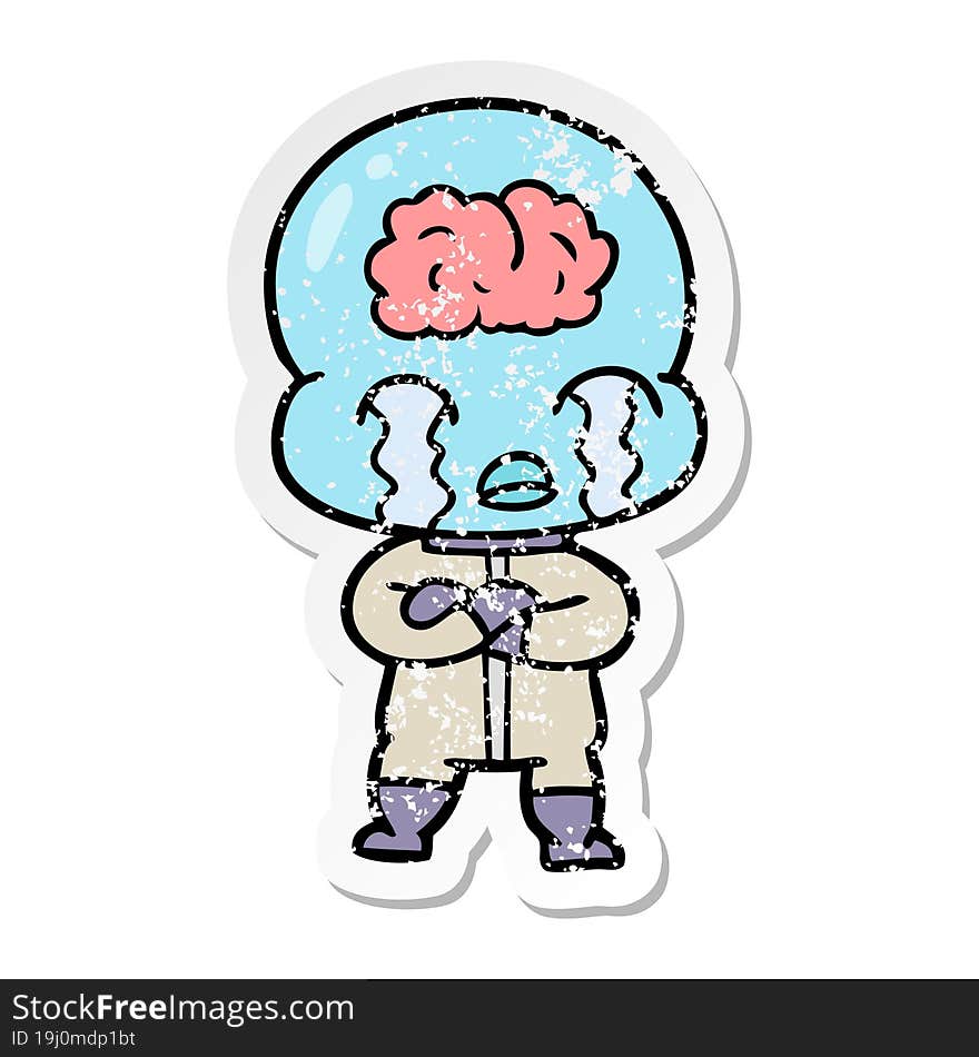 distressed sticker of a cartoon big brain alien crying