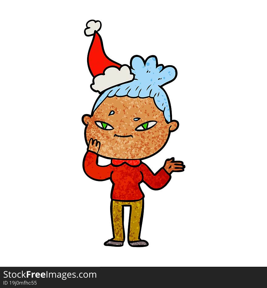 textured cartoon of a woman wearing santa hat