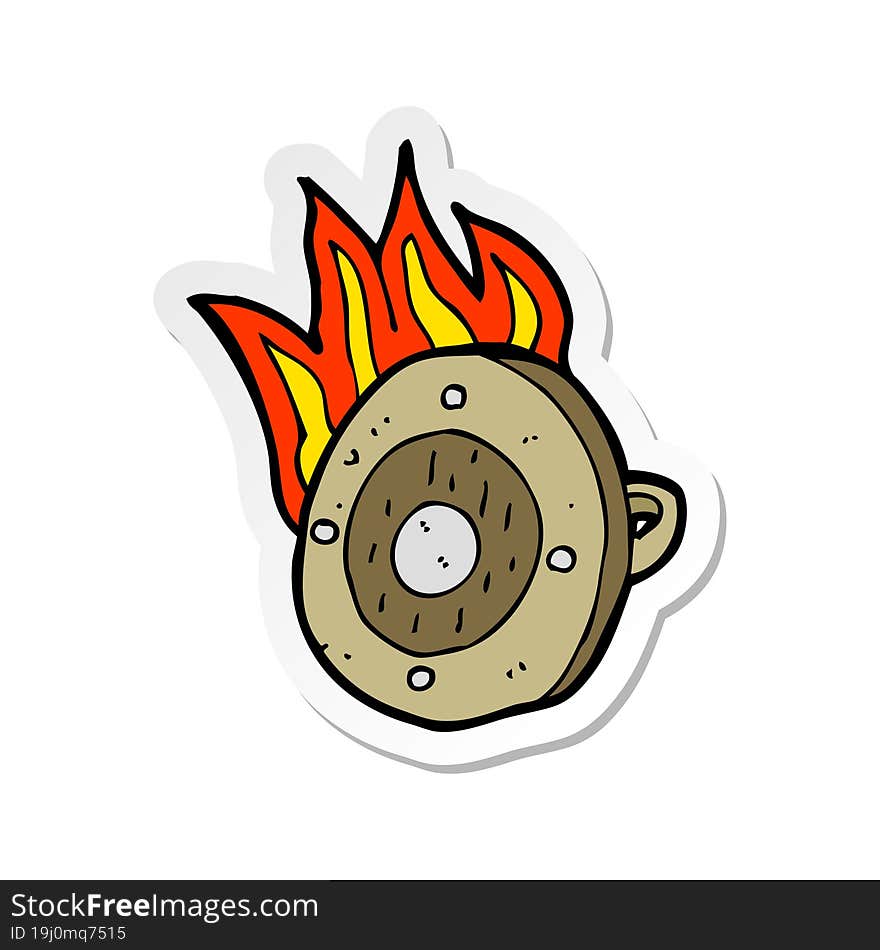 sticker of a cartoon burning shield