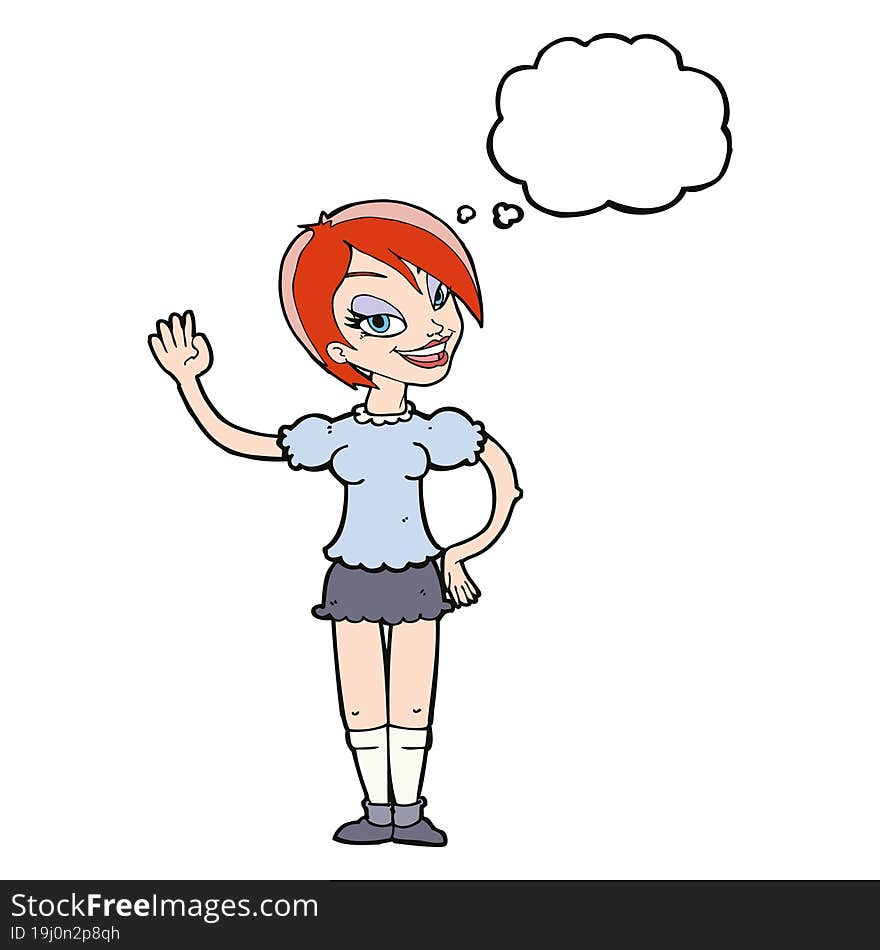 Cartoon Waving Woman With Thought Bubble