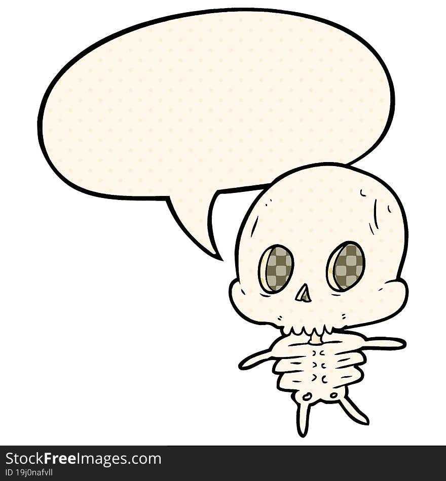 cute cartoon skeleton with speech bubble in comic book style