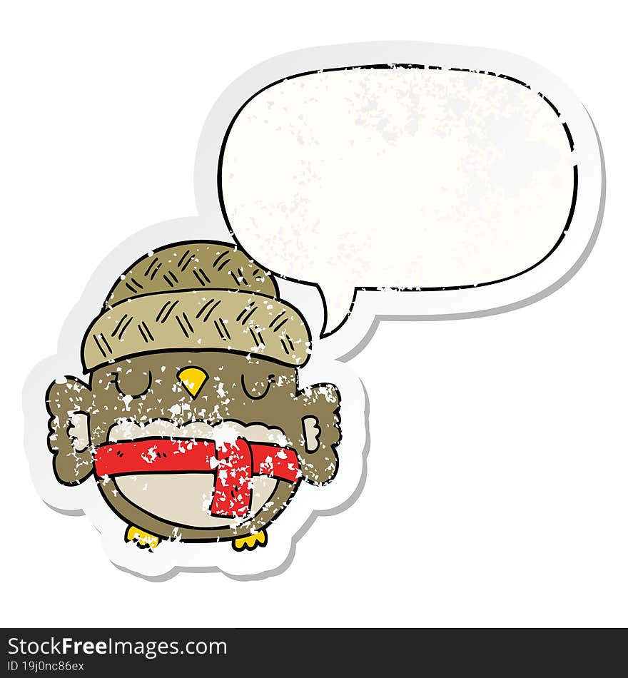 cute cartoon owl in hat and speech bubble distressed sticker